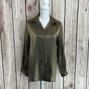 Joanna Vintage Gold/Black Shiny Button Down Top Size Small